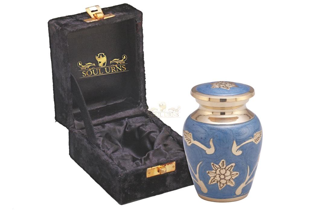 Blue Mini Urn for Ashes | Keepsake Memorial Urn with Velvet Box Blue metal urn