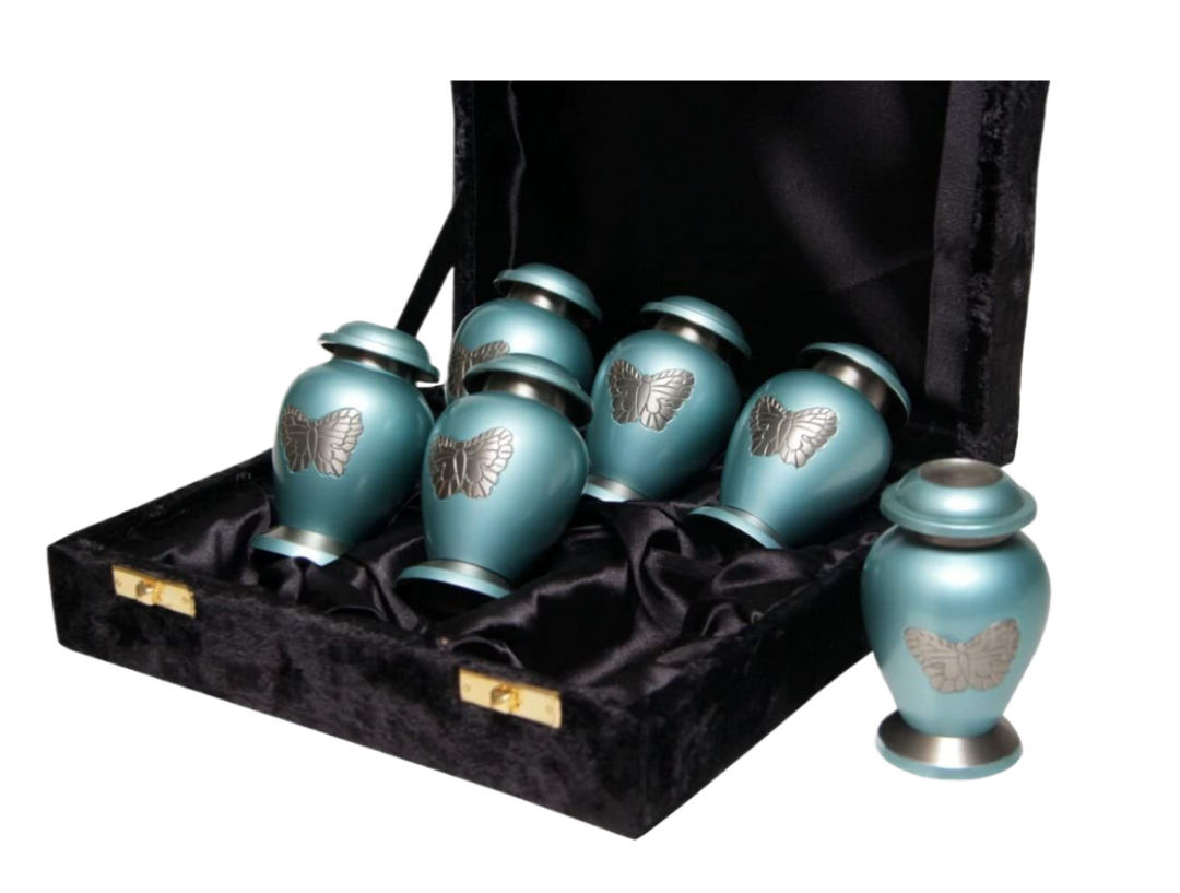 Blue Butterfly Cremation Urns for Ashes | Set of 6 Mini Keepsake Urns in Velvet Box