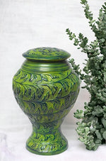 Load image into Gallery viewer, Handcrafted Green Cremation Urn (Metal):Serene Green Urn: Handcrafted Metal Keepsake
