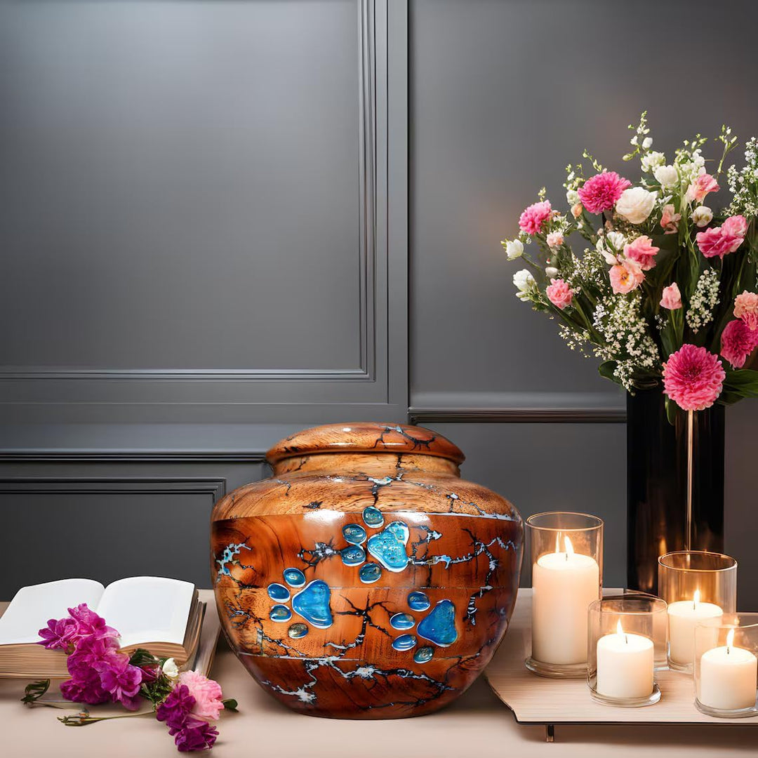 High-Capacity Wooden Pet Cremation Urns for Dogs & Cats  - Memorial Urns for Ashes - Paw Prints & Lichtenberg Art  (Extra Large (7" L x 7" W x 9"))