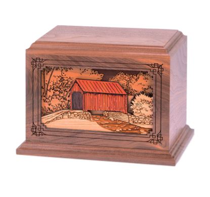 3D Inlaid Wood Covered Bridge Urn - Oak & Walnut - 200 CI - Cremation Urn(Large)