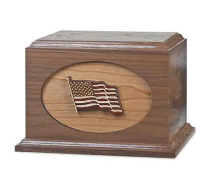 Case of 6 - US Flag Cremation Urns - 3D Inlaid Oak & Walnut - Gold Fill - Wholesale