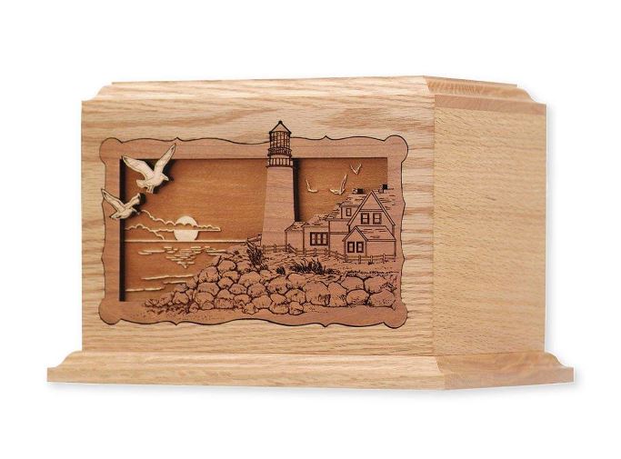 3D Laser Engraved Lighthouse Urn - Solid Oak - 200 Cubic Inches - Memorial