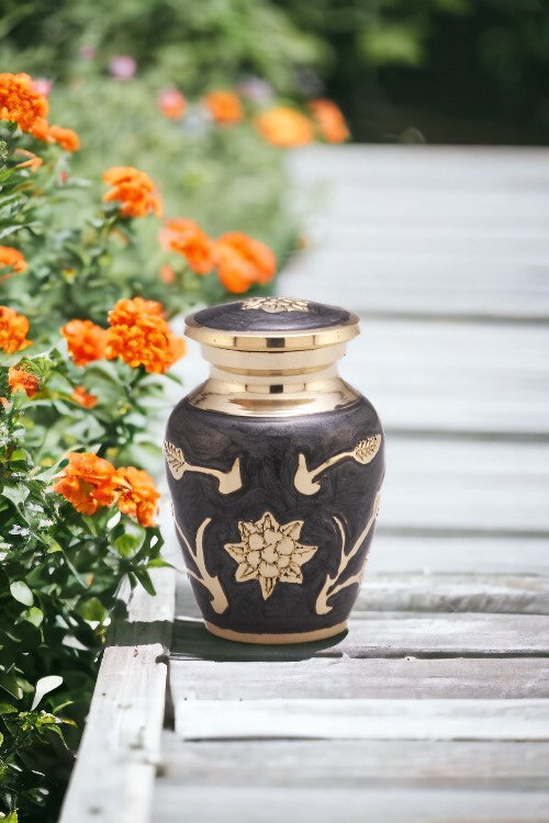 Black Floral Elegance: Exquisite Keepsake Urn for Precious Ashes Honor Your Beloved Pet: Black Flower Keepsake Urn for Ash