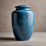 Load image into Gallery viewer, Sophisticated Blue Urn Featuring a Gold-Accented Cross: A Symbol of Elegance Memorial Urn
