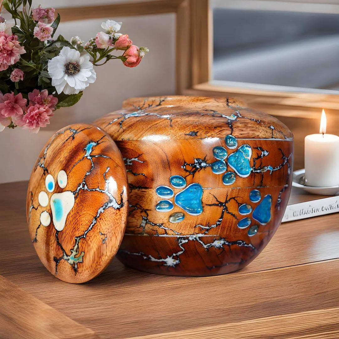 High-Capacity Wooden Pet Cremation Urns for Dogs & Cats  - Memorial Urns for Ashes - Paw Prints & Lichtenberg Art  (Extra Large (7" L x 7" W x 9"))